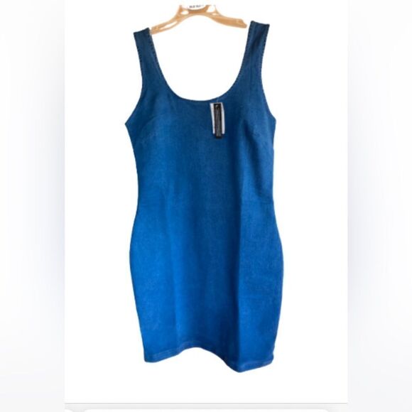 RETROD Dress sleeveless denim stretchy back zip kick pleat Bodycon fitted medium - Picture 14 of 16